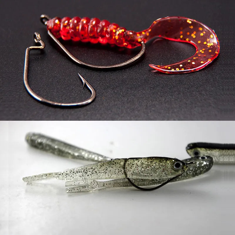 20 Pcs Wide Gap Worm Fishing Hooks Jig Crank Big Bass Hook Black High Carbon Steel Crank Barbed Hook for Soft Fishing Lure