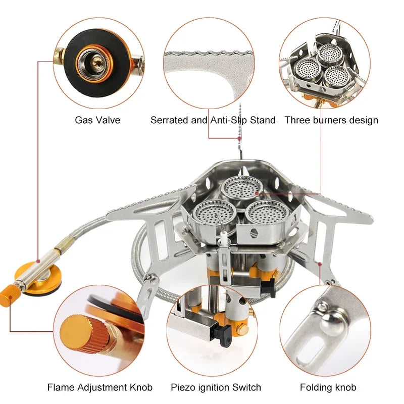 3 Heads Gas Stove Tourist Camping Burners Folding Backpacking Furnace 6800W Outdoor Hiking Picnic BBQ Cooking Equipment