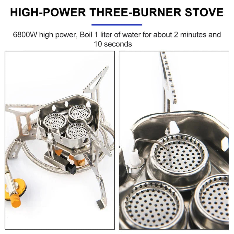 3 Heads Gas Stove Tourist Camping Burners Folding Backpacking Furnace 6800W Outdoor Hiking Picnic BBQ Cooking Equipment