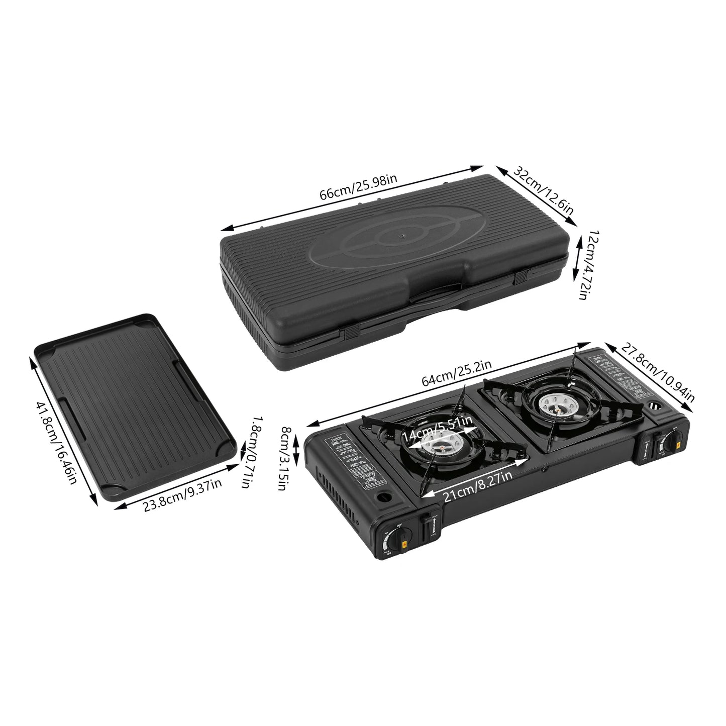 Portable Camping Stove with Grill 2 Burners Camping Stove with Non-sticking Coating Grill Tray Ignition Stove for Camping