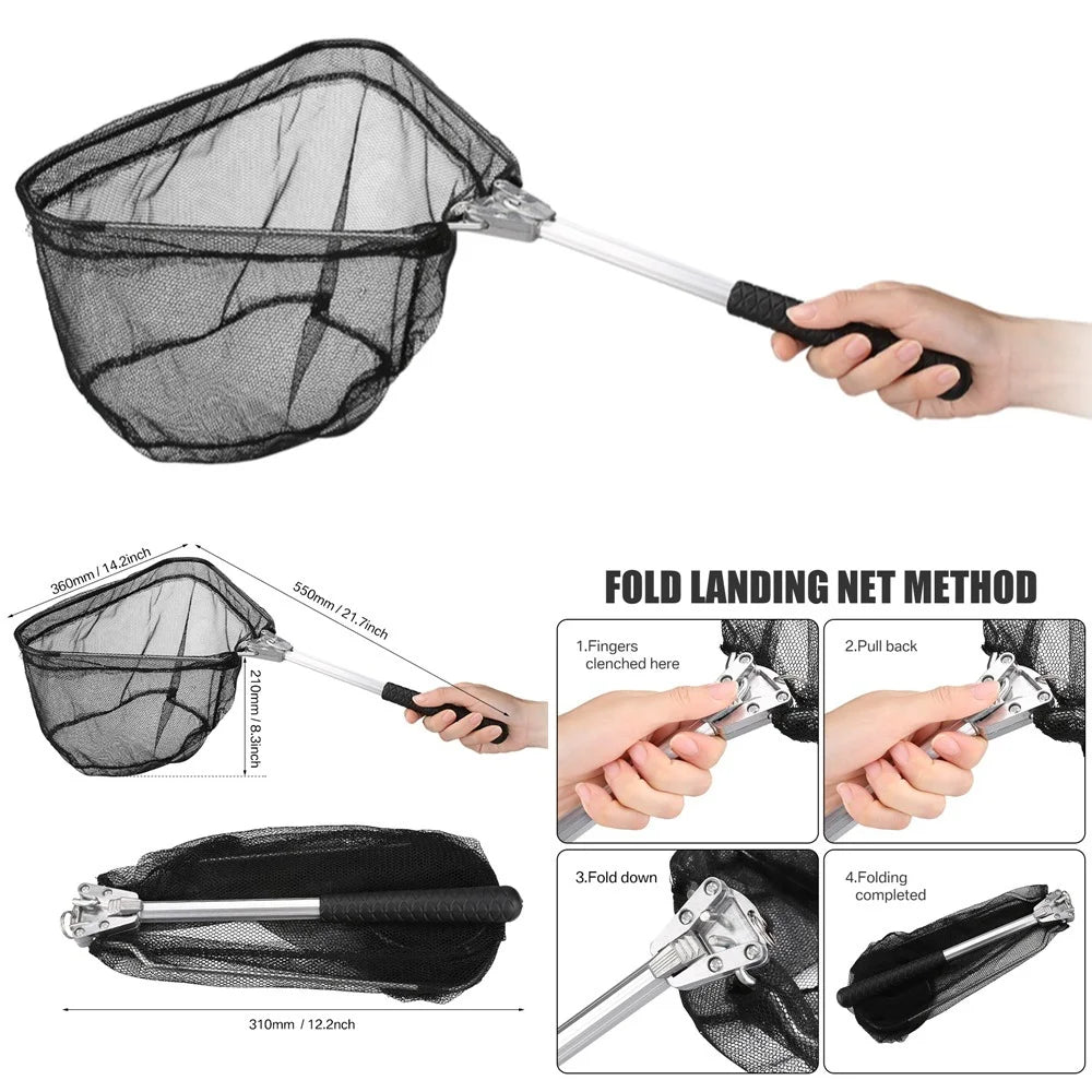 Retractable Landing Fishing Net 190cm-55cm with Telescoping Pole Handle Foldable Freshwater Fish Catching Releasing