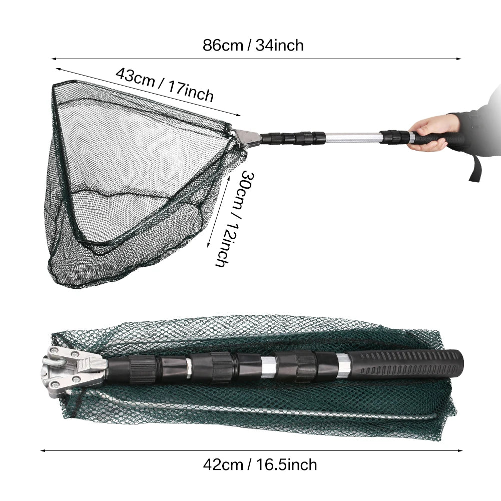 Retractable Landing Fishing Net 190cm-55cm with Telescoping Pole Handle Foldable Freshwater Fish Catching Releasing