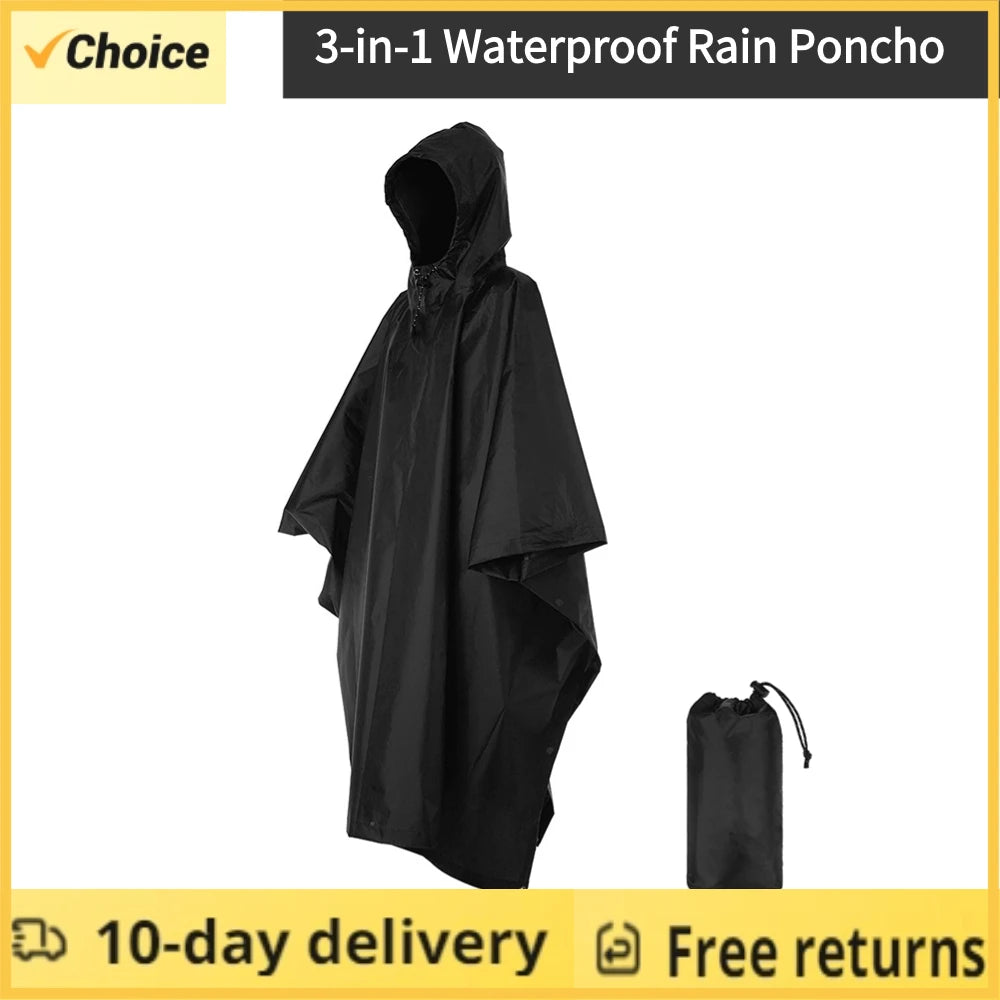 3 In 1 Outdoor Military Raincoat Hooded Sleeve Waterproof Rain Poncho Motorcycle Rain Cover Camping Hiking Travel Rainwear Tent