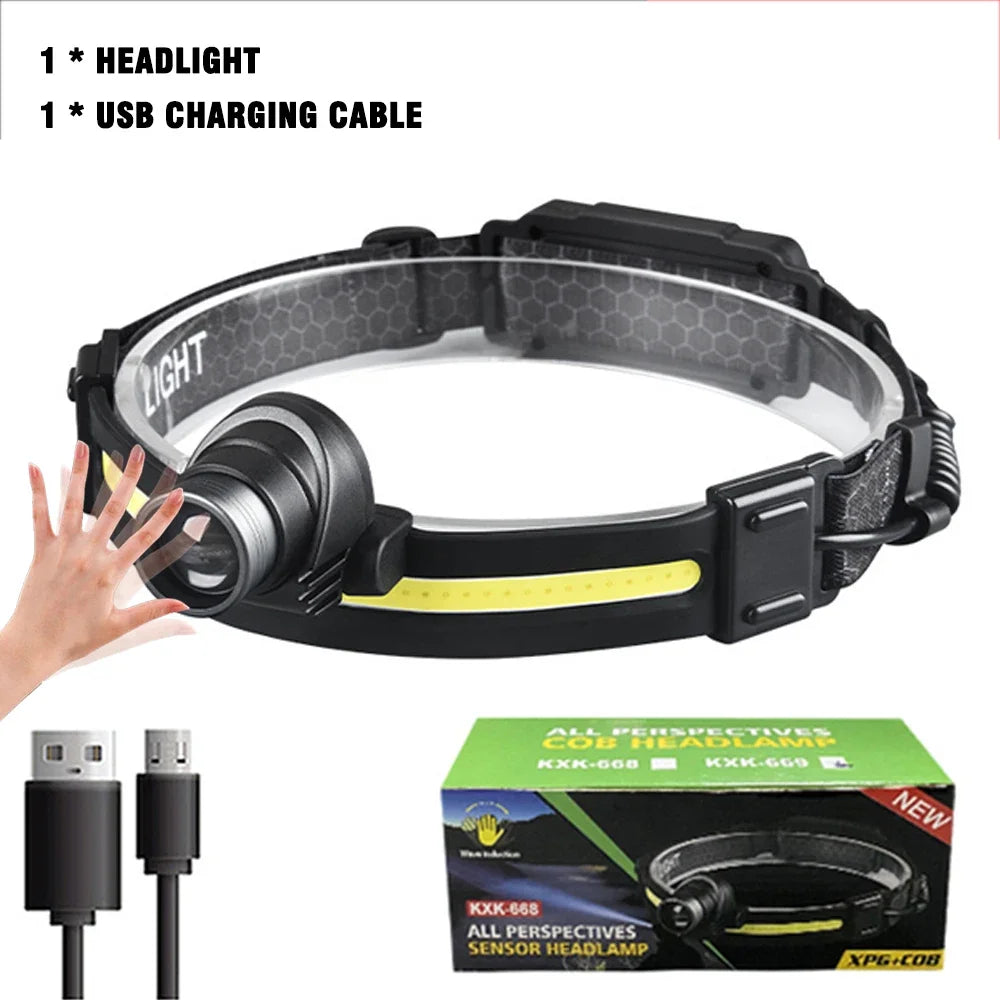 New Sensor Headlight Led Light Outdoor Strong Light Zoom Model Large Floodlight COB Head-mounted Fishing Light Running Headlamp