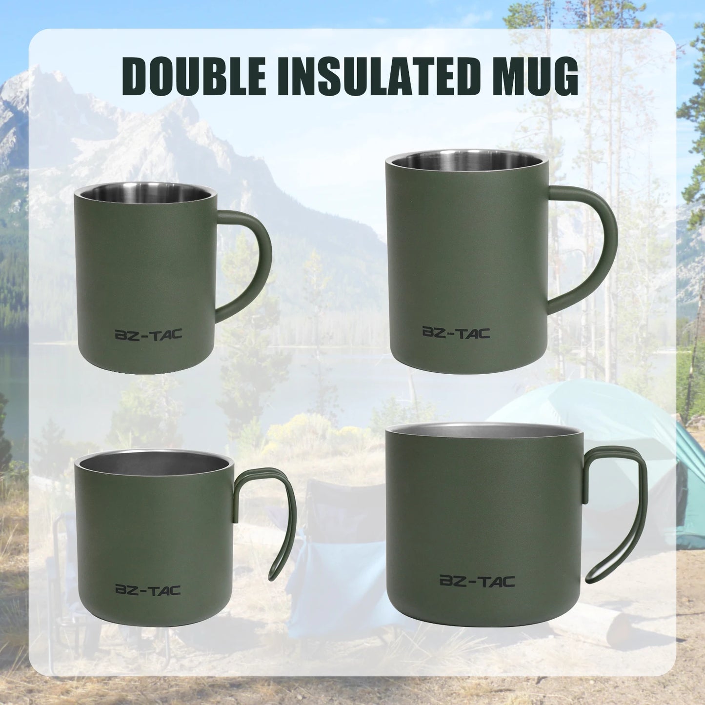 Double Wall Coffee Mug Stainless Steel Matte Army Green Water Mug Insulated with Handle for Camping Picnic Outdoors 300/450ml