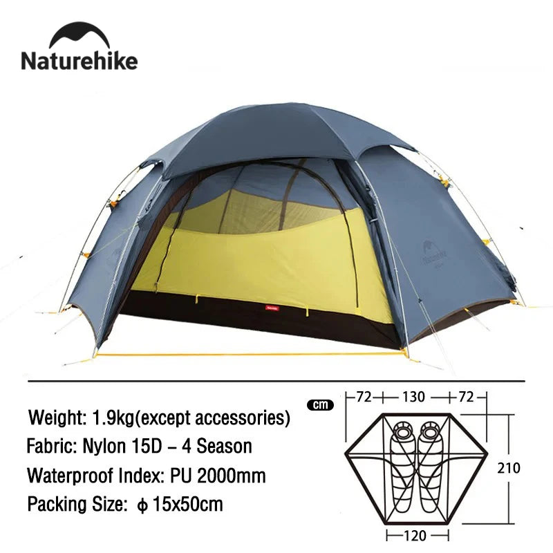 Naturehike Cloud Peak Camping Tent Waterproof Portable T-shape Zipper Hiking Tent Outdoor 4 Season Nylon 2 Person Backpack Tent