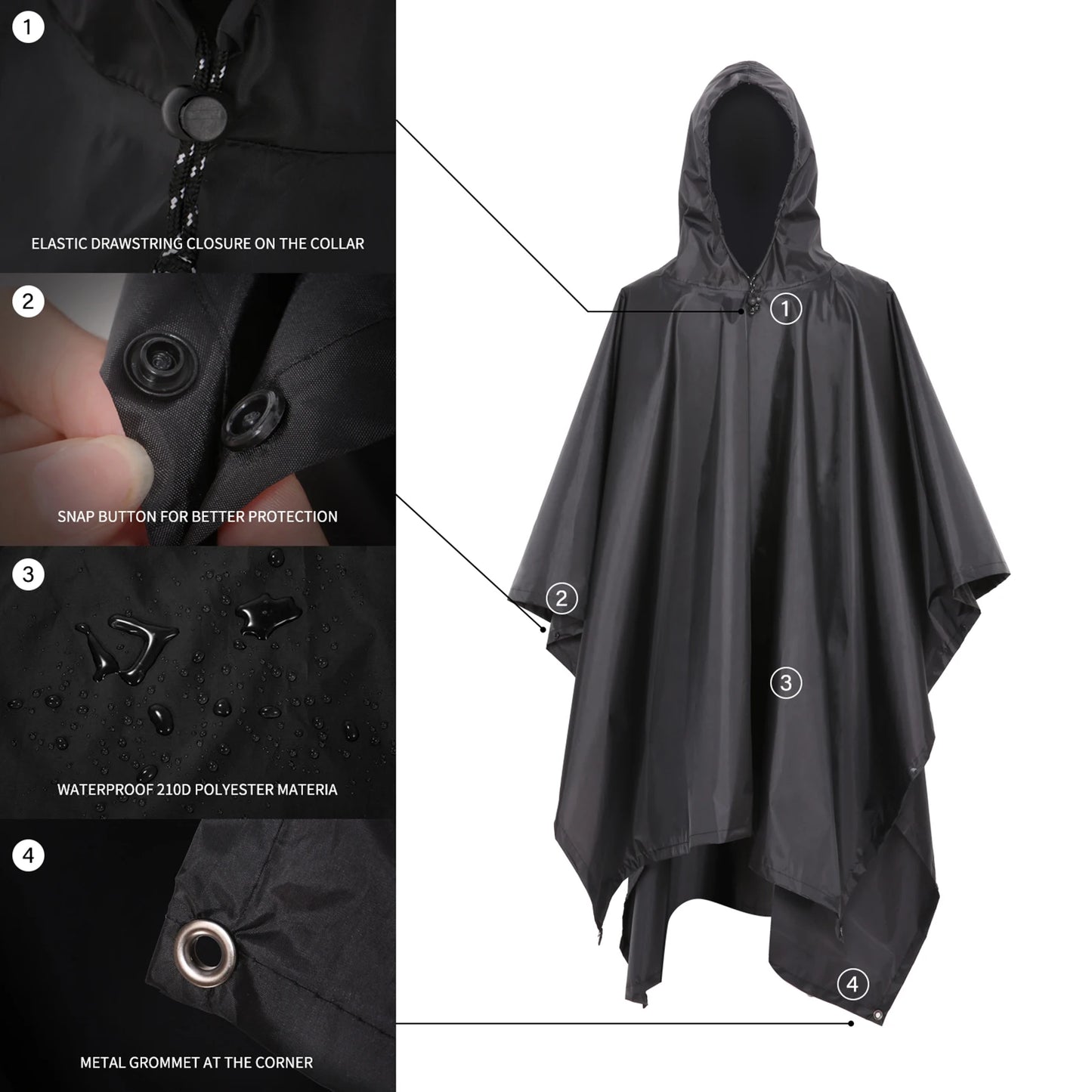 3 In 1 Outdoor Military Raincoat Hooded Sleeve Waterproof Rain Poncho Motorcycle Rain Cover Camping Hiking Travel Rainwear Tent