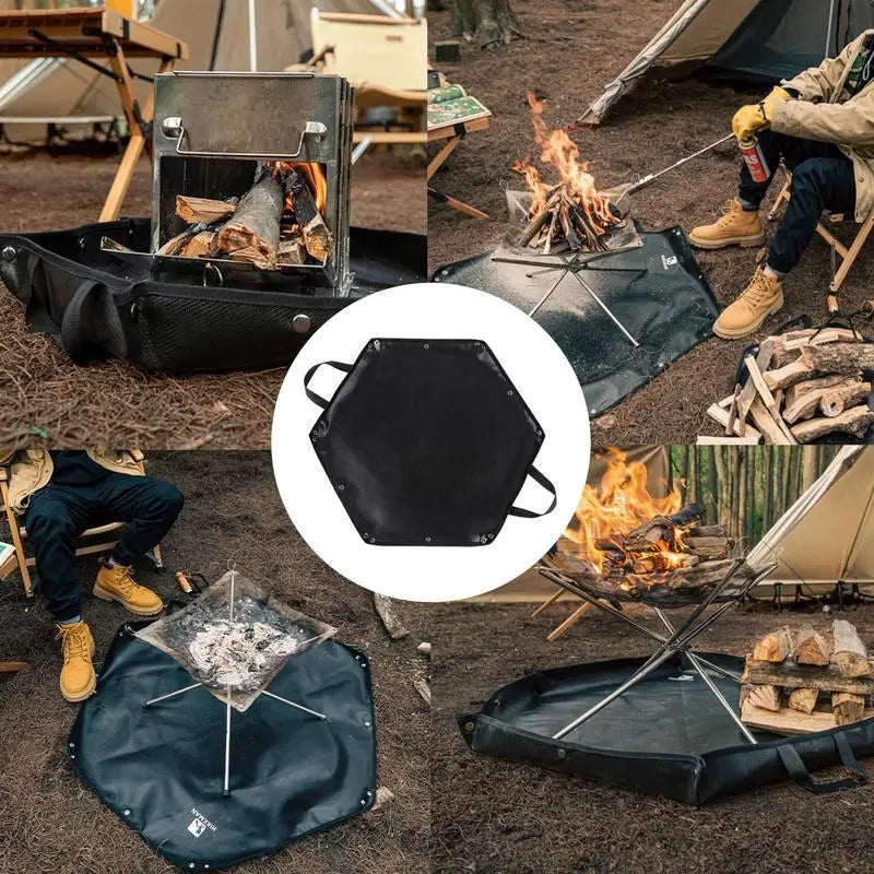 Fireproof Mat Hexagonal Fire Pit Foldable Firewood Bag With Hanger Ear For Grass BBQ Smoker Patio Deck Outdoor Camping Cooking