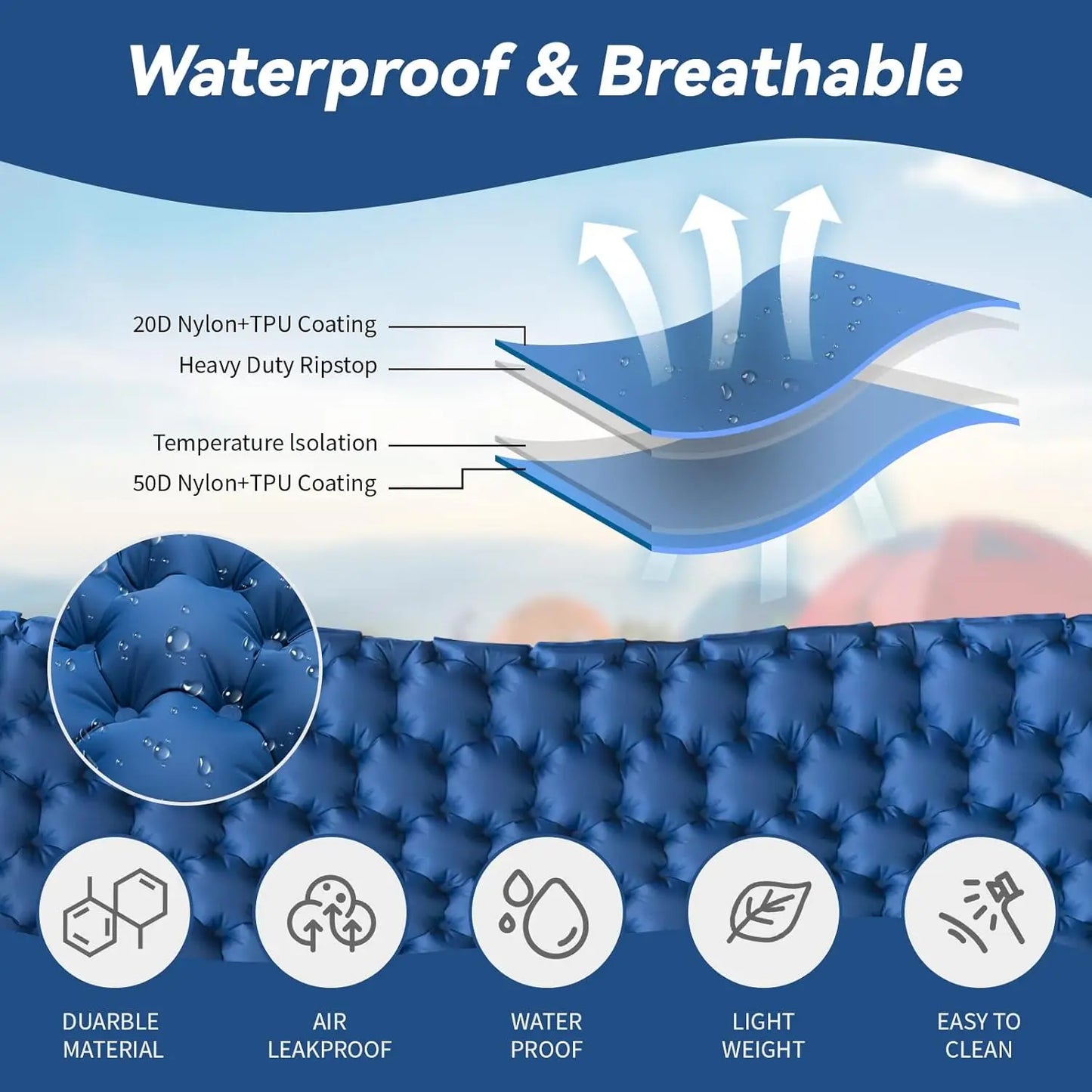 Camping Air Matt Double Sleeping Pad Inflatable Air Mat with Pillow Air Mattress Nature Hike Waterproof Folding Sleeping Mat