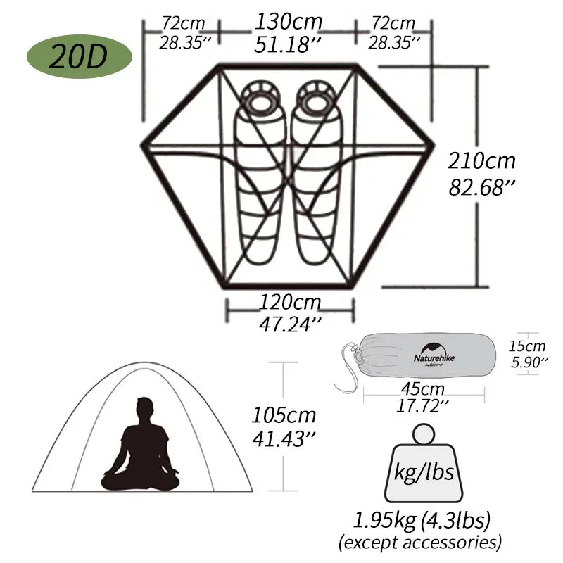 Naturehike Cloud Peak Camping Tent Waterproof Portable T-shape Zipper Hiking Tent Outdoor 4 Season Nylon 2 Person Backpack Tent