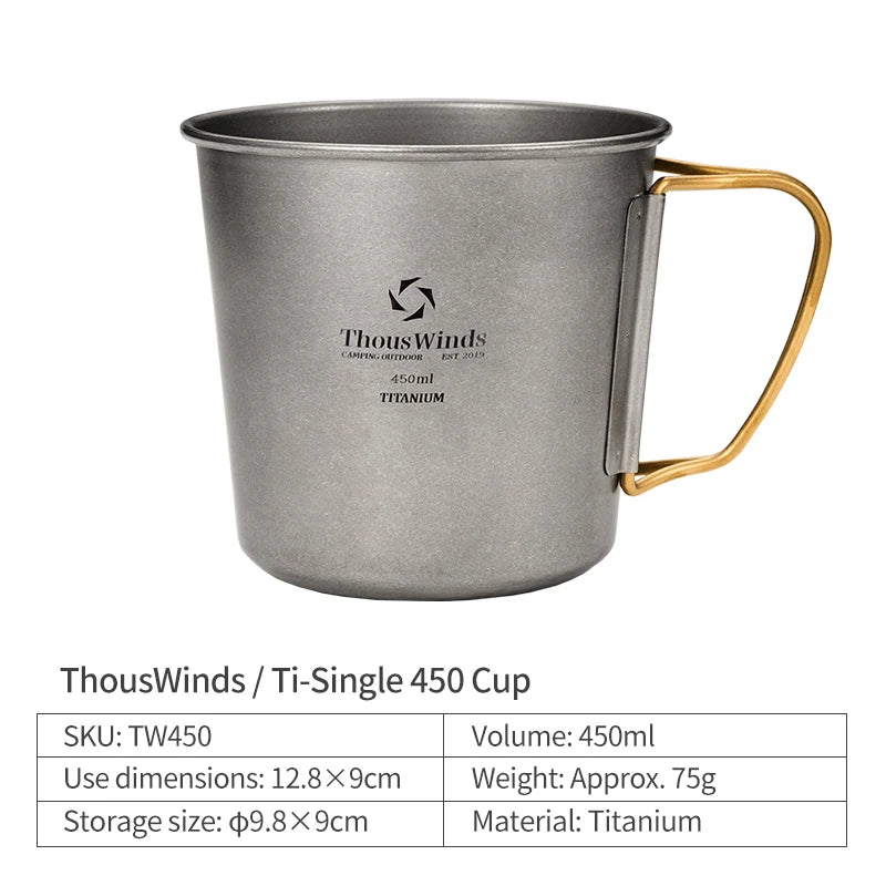 Thous Winds Ti-SINGLE Titanium Camping Cup Outdoor Mug Tableware Set Lightweight TA1 Titanium Cup Kettle Hiking Camping Supplies