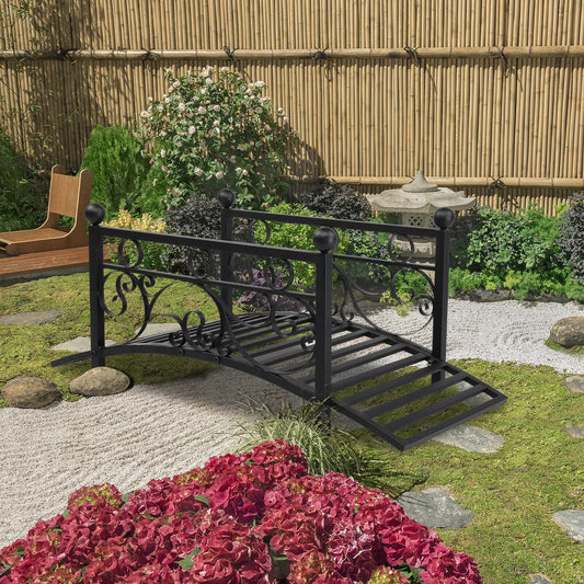 Curved Outdoor Metal Decorative Pond Garden Bridge with Guardrail Black Matte