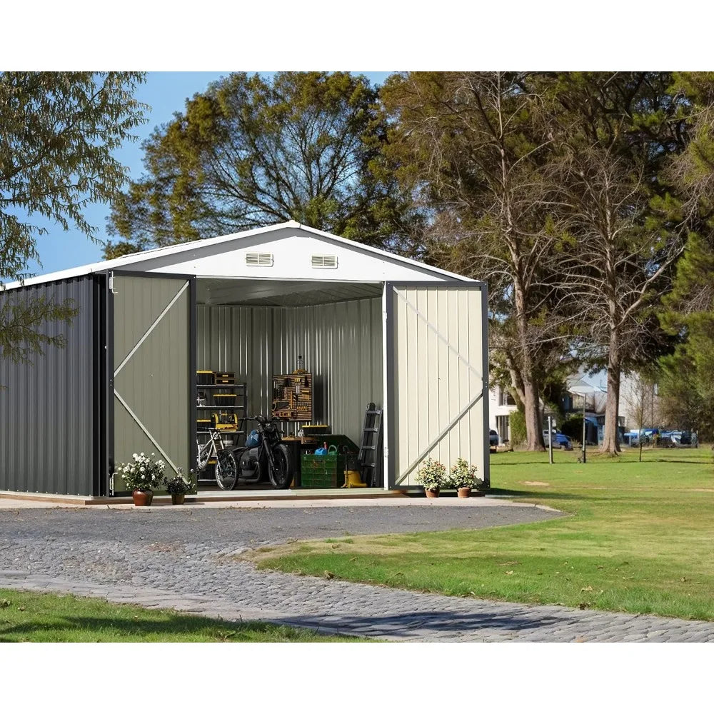 Outdoor storage shed 10 x 10 feet,steel utility tool shed storage room with door and lock, used for backyard garden terrace lawn