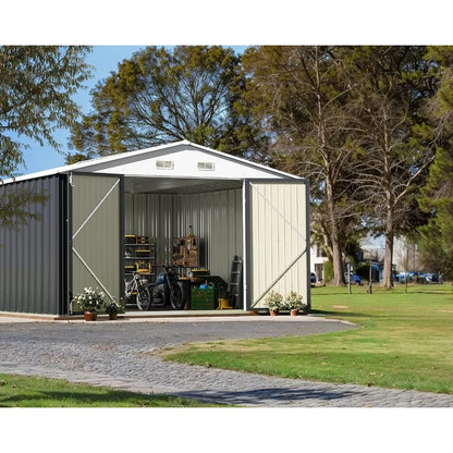 Outdoor storage shed 10 x 10 feet,steel utility tool shed storage room with door and lock, used for backyard garden terrace lawn