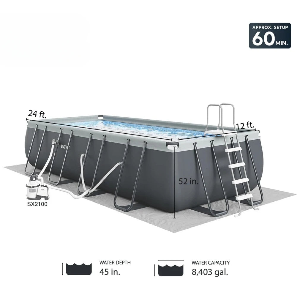 Rectangular Swimming Pool Set with Sand Filter Pump, Ground Cloth, Cover Ladder, Outdoor, Free Shipping