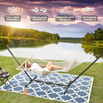 Spreader Bars Camping 2 Person Cotton Rope Hammock With Quilted Pad Detachable Pillow Mag Bag & Cup Holder Outdoor Furniture