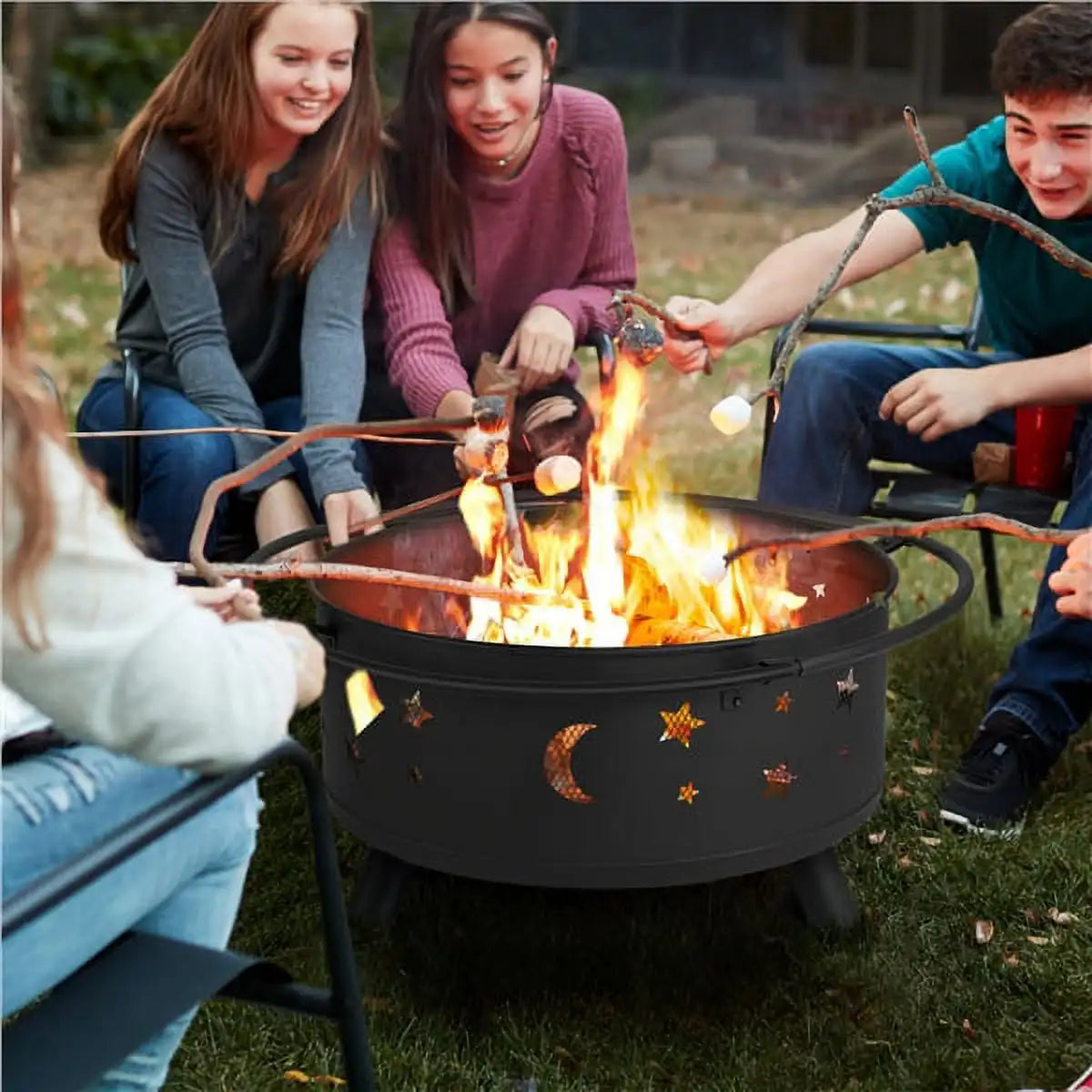 Iron Fire Pit Set Camping Heating Equipment with Poker Mesh Cover Outdoor Backyard Patio