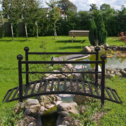 Curved Outdoor Metal Decorative Pond Garden Bridge with Guardrail Black Matte