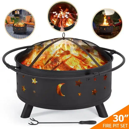 Iron Fire Pit Set Camping Heating Equipment with Poker Mesh Cover Outdoor Backyard Patio