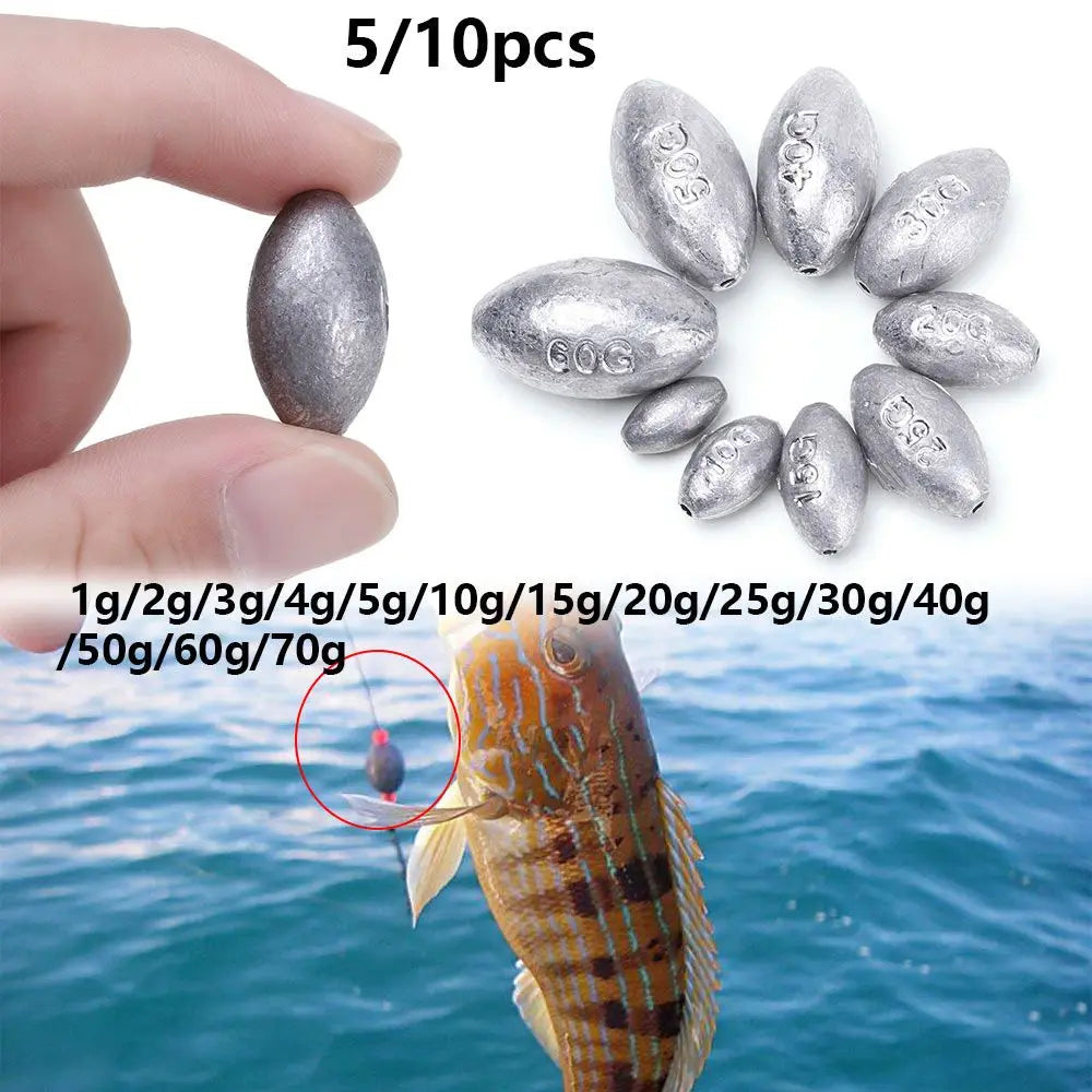 5Pcs Fishing Lead Olive Shaped Sinkers Hollow Lure Lead Weights 1g/2g/3g/4g/5g/10g/15g/20g/25g/30g/40g/50g/60g Fishing Tackle