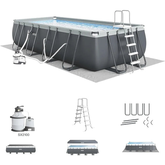 Rectangular Swimming Pool Set with Sand Filter Pump, Ground Cloth, Cover Ladder, Outdoor, Free Shipping