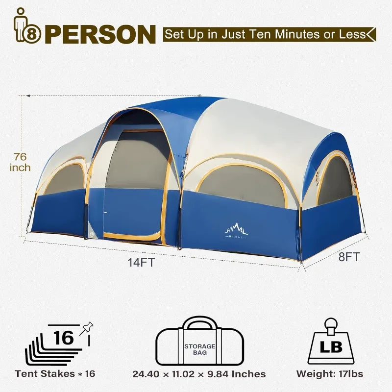 8 Person Tent for Camping, Waterproof Windproof Family Tent with Rainfly, Divided Curtain Design for Privacy Space