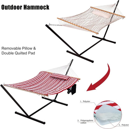 Spreader Bars Camping 2 Person Cotton Rope Hammock With Quilted Pad Detachable Pillow Mag Bag & Cup Holder Outdoor Furniture