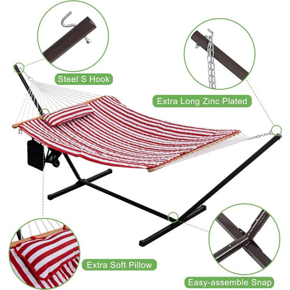 Spreader Bars Camping 2 Person Cotton Rope Hammock With Quilted Pad Detachable Pillow Mag Bag & Cup Holder Outdoor Furniture