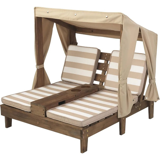 Wooden Outdoor Double Chaise Lounge with Cup Holders, Patio Furniture , Espresso with Oatmeal and White Striped Fabric