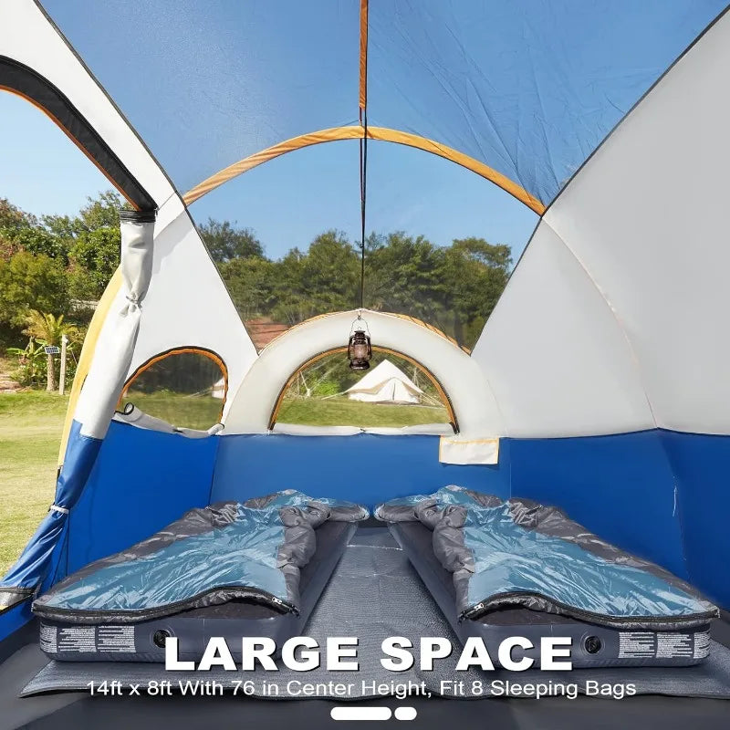 8 Person Tent for Camping, Waterproof Windproof Family Tent with Rainfly, Divided Curtain Design for Privacy Space