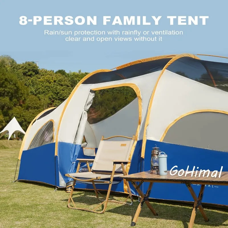 8 Person Tent for Camping, Waterproof Windproof Family Tent with Rainfly, Divided Curtain Design for Privacy Space