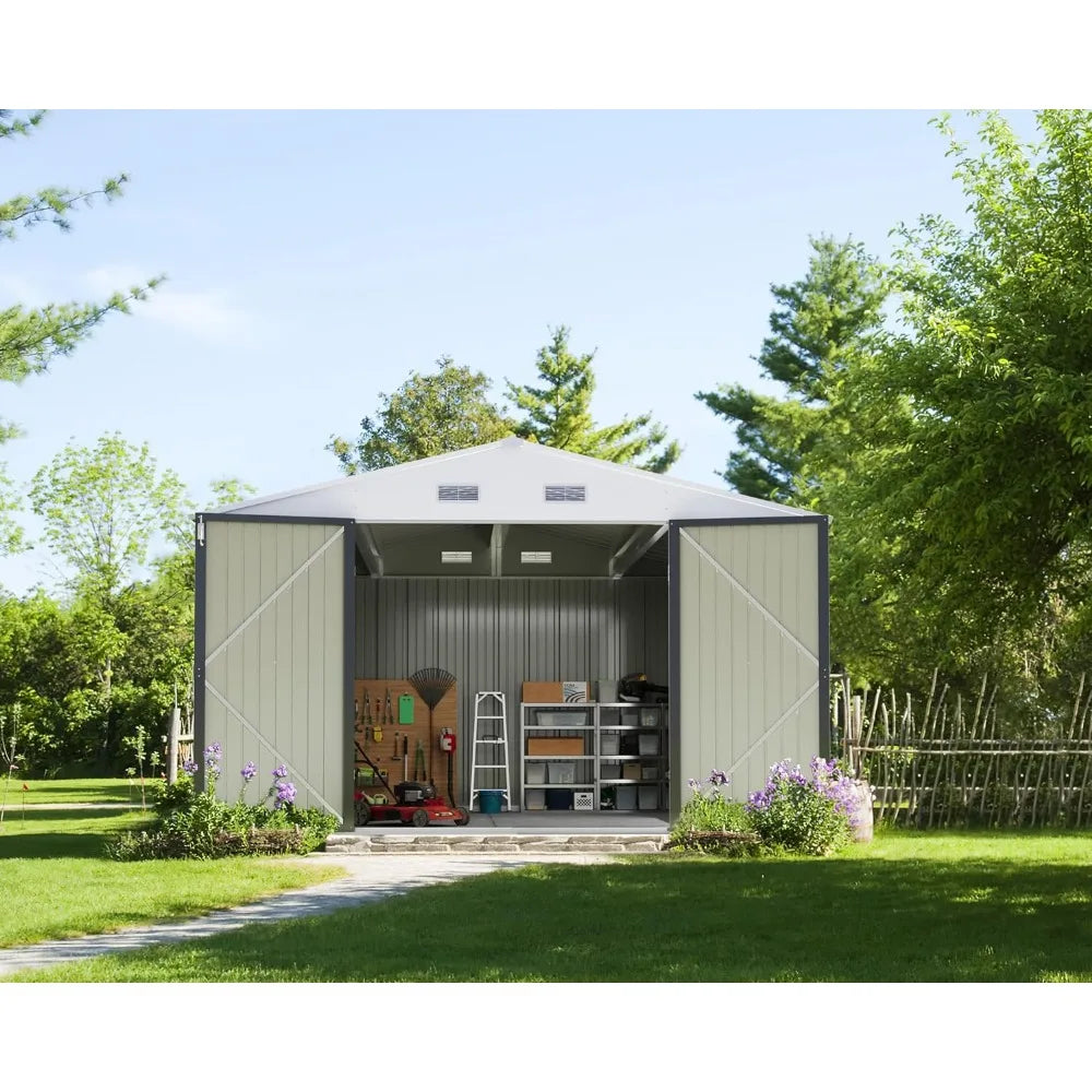 Outdoor storage shed 10 x 10 feet,steel utility tool shed storage room with door and lock, used for backyard garden terrace lawn