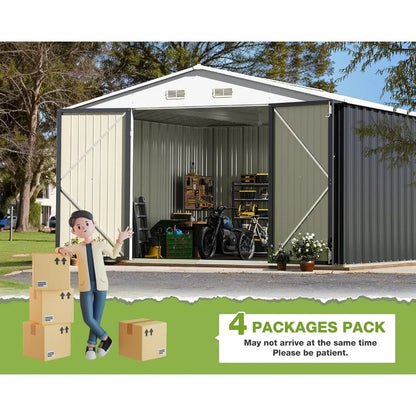 Outdoor storage shed 10 x 10 feet,steel utility tool shed storage room with door and lock, used for backyard garden terrace lawn