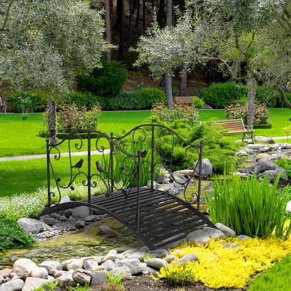 Curved Outdoor Metal Decorative Pond Garden Bridge with Guardrail Black Matte