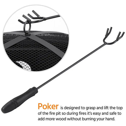 Iron Fire Pit Set Camping Heating Equipment with Poker Mesh Cover Outdoor Backyard Patio