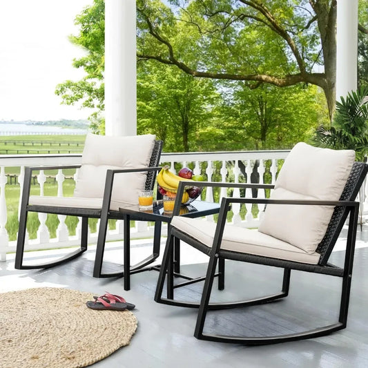 Patio Chairs 3 Piece Outdoor Bistro Sets Coffee Table and Cushions Frame Patio Furniture for Porch,White Garden Furniture Sets